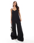 [ASOS DESIGN] ASOS DESIGN soft denim scoop neck wide leg jumpsuit in wash black 16 BLACK