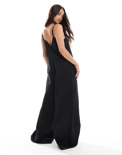 ASOS DESIGN soft denim scoop neck wide leg jumpsuit in wash black