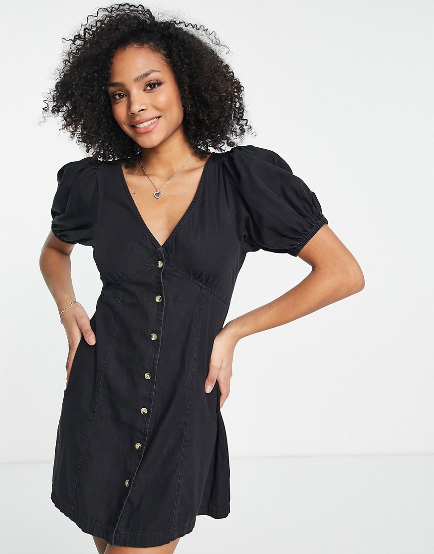 ASOS DESIGN soft denim seamed mini tea dress in washed black