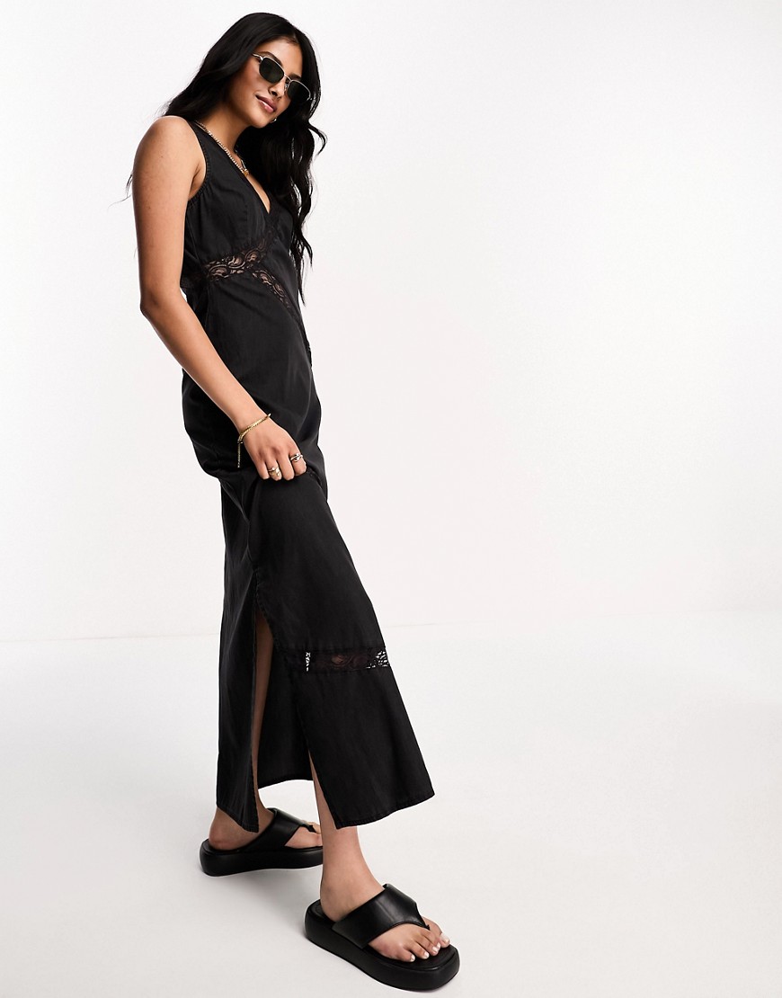 ASOS DESIGN soft denim sleeveless maxi dress with lace insert in washed black