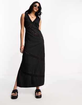 Black Satin Sleeveless Lace Insert Maxi Dress