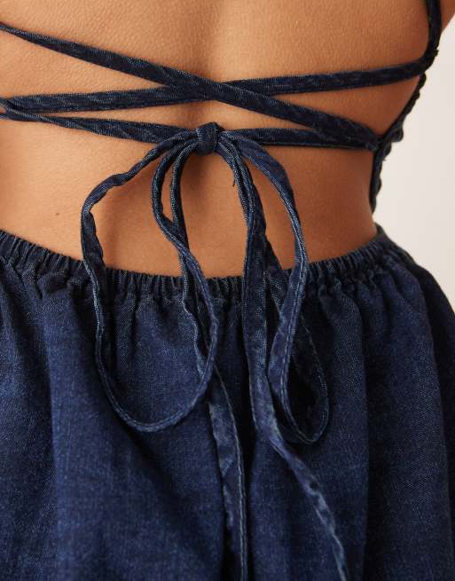 ASOS DESIGN soft denim smock cami mini dress with ruched bust in inky wash, 3 of 4