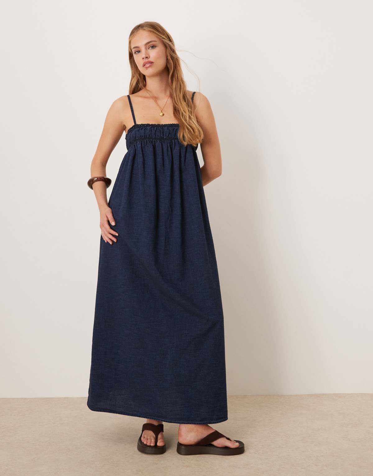 ASOS DESIGN soft denim smock maxi dress with shirring bust in rinse