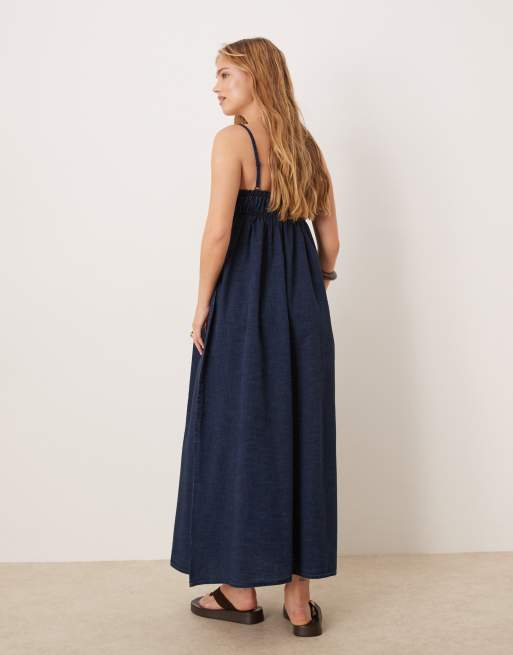 ASOS DESIGN soft denim smock maxi dress with shirring bust in rinse