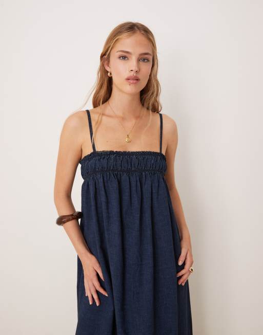 ASOS DESIGN soft denim smock maxi dress with shirring bust in rinse