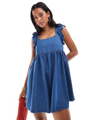 Asos Design Soft Denim Smock Mini Dress With Bow Back In Midwash Blue