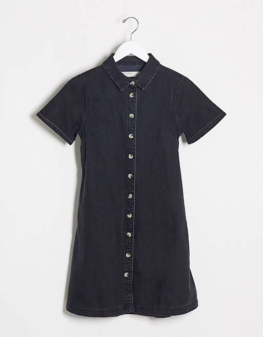  soft denim smock shirt dress in washed black 