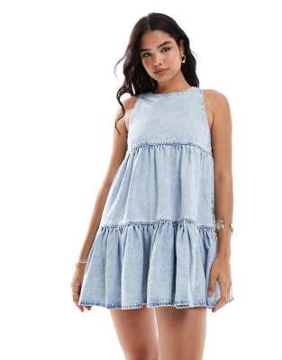 ASOS DESIGN soft denim smock tiered mini dress in light wash-Blue