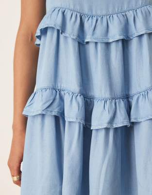 Asos Design Soft Denim Smock Tiered Mini Dress With Frill Details