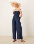 [ASOS DESIGN] ASOS DESIGN soft denim strapless wide leg jumpsuit with shirring waist in rinse wash-Blue 10 Rinse