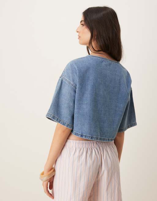 ASOS DESIGN soft denim T-shirt in midwash blue, 3 of 4