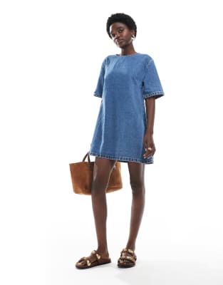 soft denim T-shirt mini dress in mid-wash blue