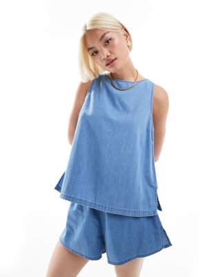 Asos Design Soft Denim Tank Top With Tie Back Detail In Blue