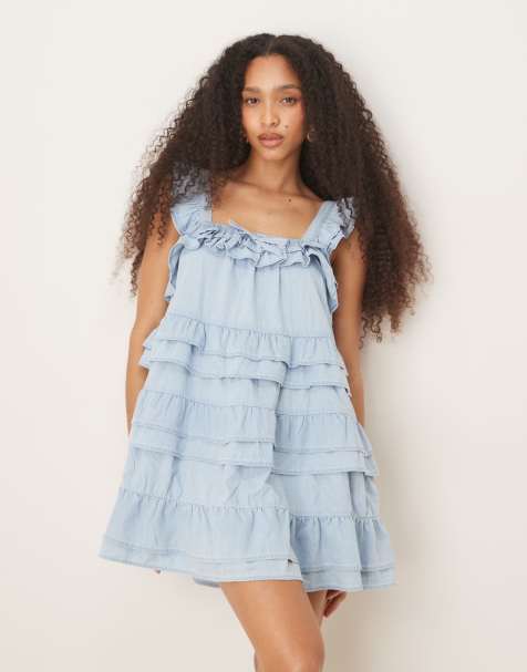 ASOS DESIGN soft denim tiered cami mini dress in light blue - view 1