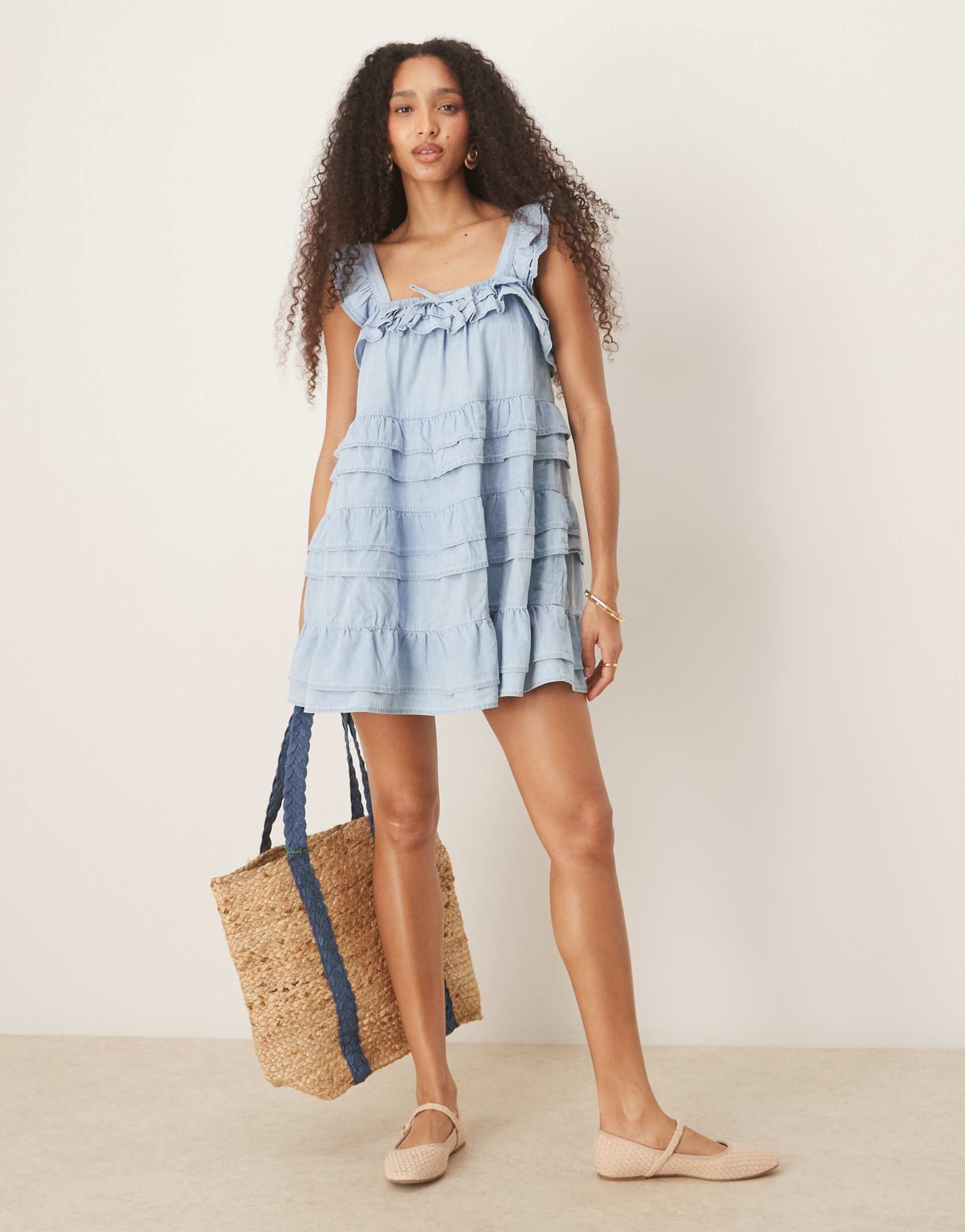 asos design soft denim tiered cami mini dress in light blue