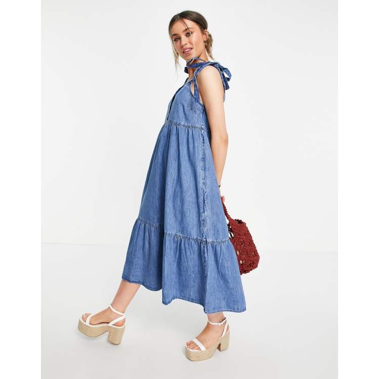 ASOS DESIGN soft denim tiered midi dress in midwash