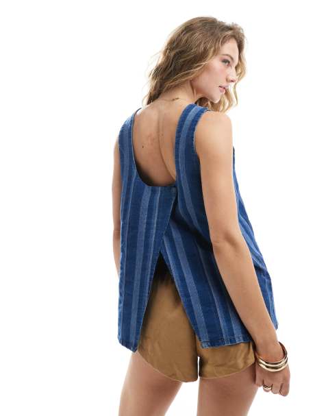ASOS DESIGN soft denim top with cross back in blue stripes - view 1
