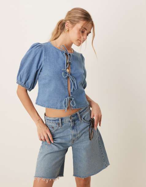 ASOS DESIGN soft denim top with tie front detail in midwash blue - view 1