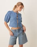 [ASOS DESIGN] ASOS DESIGN soft denim top with tie front detail in midwash blue 12 BLUE
