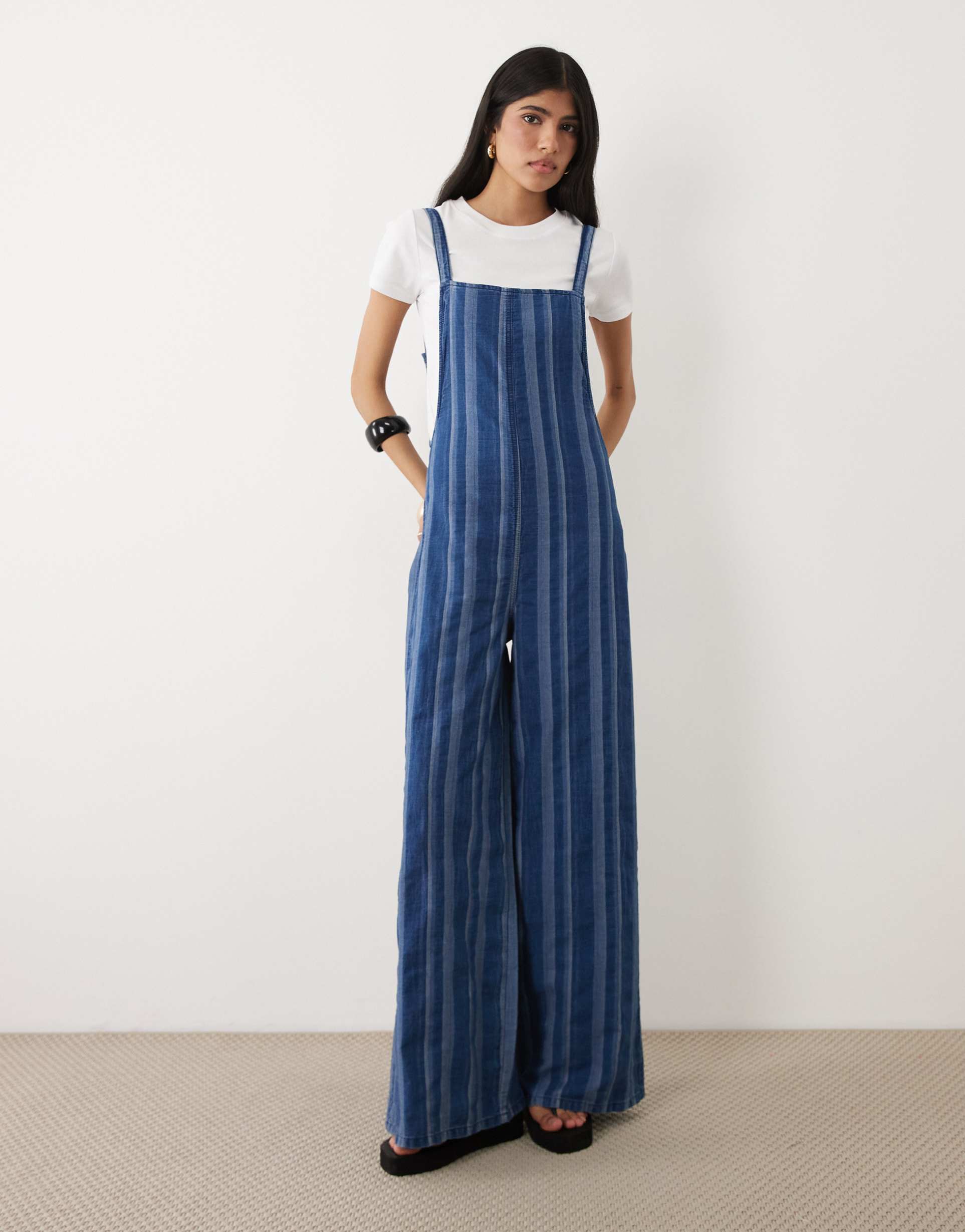 asos design soft denim wide leg jumpsuit in blue stripe