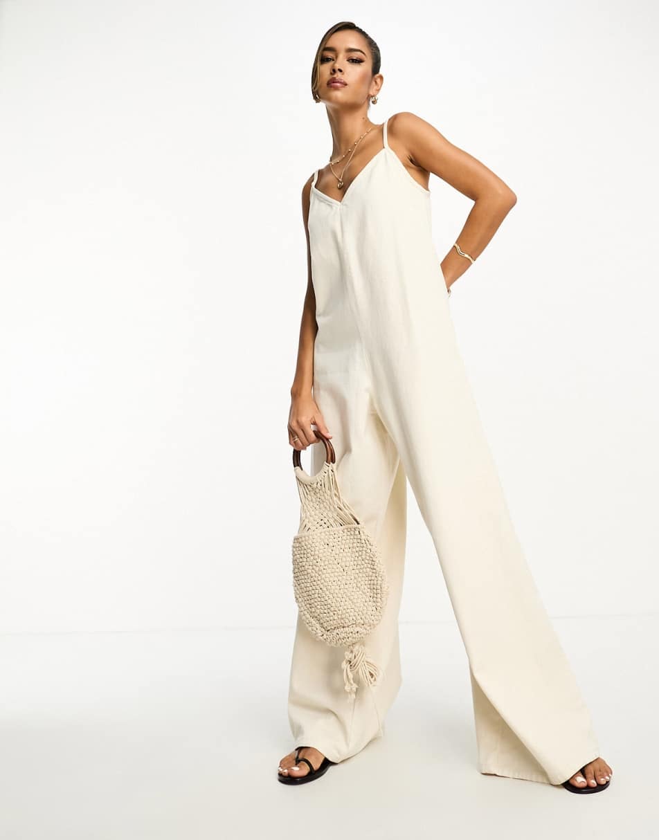 ASOS DESIGN soft denim wide leg jumpsuit in neutral