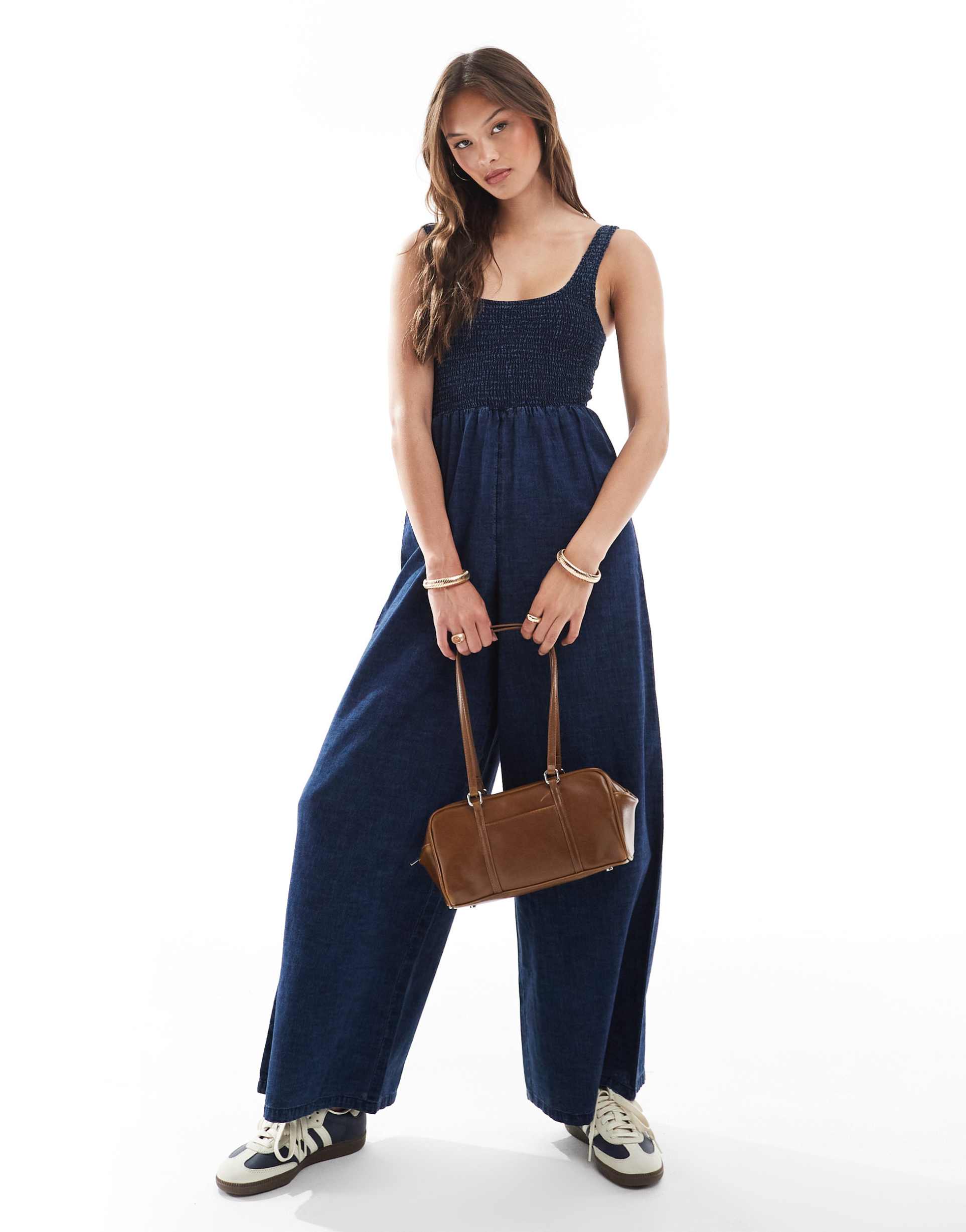 asos design soft denim wide leg jumpsuit with shirred bodice in inky wash