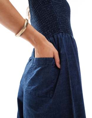 Asos Design Soft Denim Wide Leg Jumpsuit With Shirred Bodice
