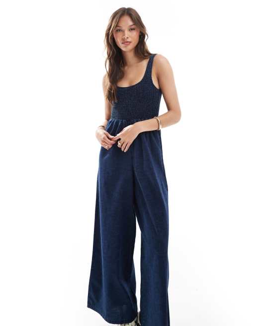 ASOS DESIGN soft denim wide leg jumpsuit with shirred bodice in