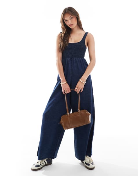 ASOS DESIGN soft denim wide leg jumpsuit with shirred body in inky blue wash - view 1