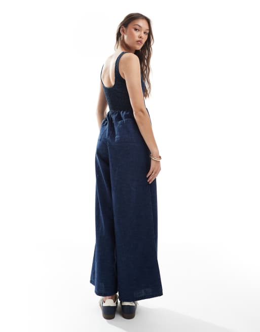 ASOS DESIGN soft denim wide leg jumpsuit with shirred body in inky wash, 3 of 4