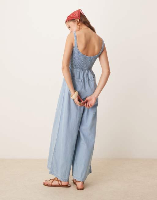 ASOS DESIGN soft denim wide leg jumpsuit with shirred body in light wash, 4 of 4
