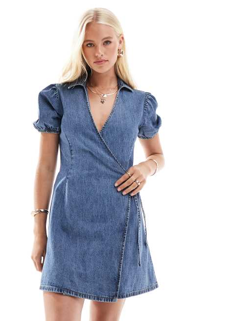 ASOS DESIGN soft denim wrap dress in midwash blue