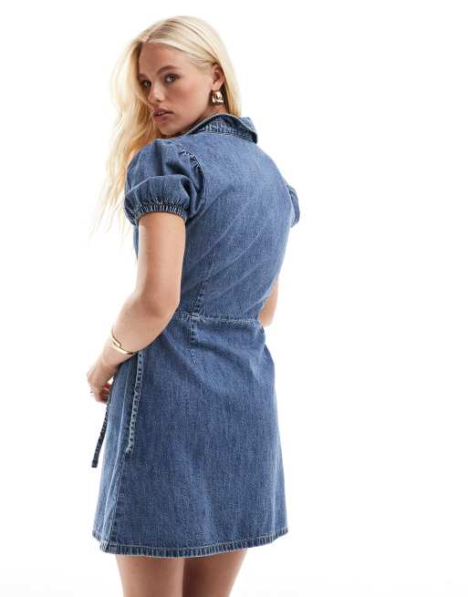 ASOS DESIGN soft denim wrap dress in midwash blue