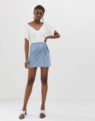 ASOS DESIGN soft denim wrap mini skirt in lightwash blue