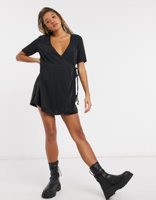 ASOS DESIGN soft denim wrap smock dress in black