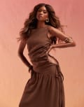 [ASOS DESIGN] ASOS DESIGN soft draped midi dress with drawstring tie sides in chocolate-Brown 12 Chocolate