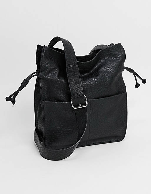 Bags & Purses soft drawstring tote in grainy black PU 