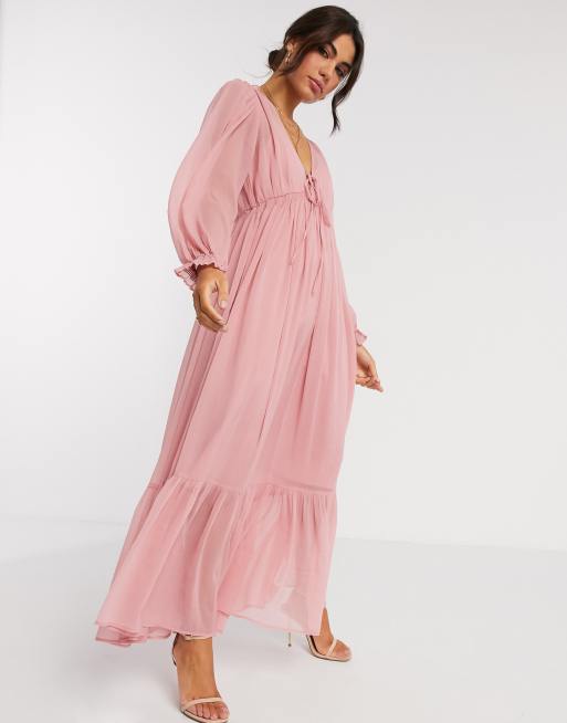 ASOS DESIGN soft drawstring waist pleated maxi dress in dusky pink