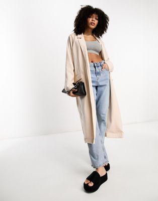 Asos Design Soft Trench Coat In Stone-neutral