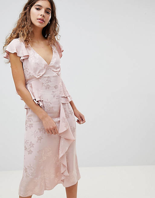ASOS DESIGN Soft Floral Jacquard Midi Tea Dress With Ruffle Hem