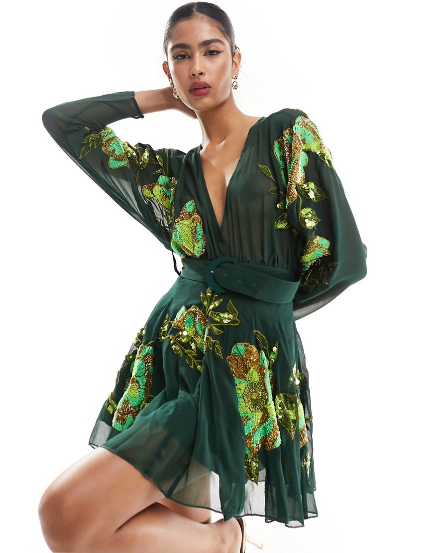 Asos Design Soft Godet Mini Dress With Floral Embellishment And Belt Detail In Green-yellow