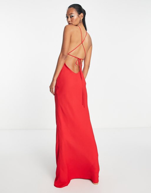 Plunge Halter Open-back Maxi Bias Bridesmaid Dress With Low Tie