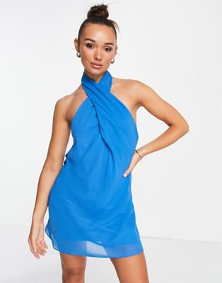 ASOS DESIGN soft halter mini dress with open back in blue