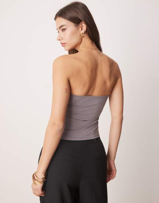 ASOS DESIGN soft handle bandeau top with ruched sides and asymmetric hem in slate gray, 2 of 4