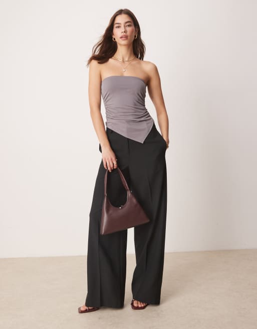 ASOS DESIGN soft handle bandeau top with ruched sides and asymmetric hem in slate gray, 4 of 4