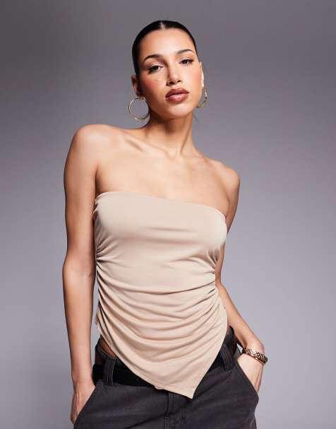 ASOS DESIGN soft handle bandeau top with ruched sides and asymmetric hem in stone (part of a set) - view 1