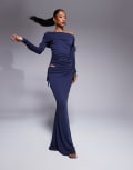 [ASOS DESIGN] ASOS DESIGN soft handle fold over waist fishtail maxi skirt with side ruching in ink-Blue 6 Ink