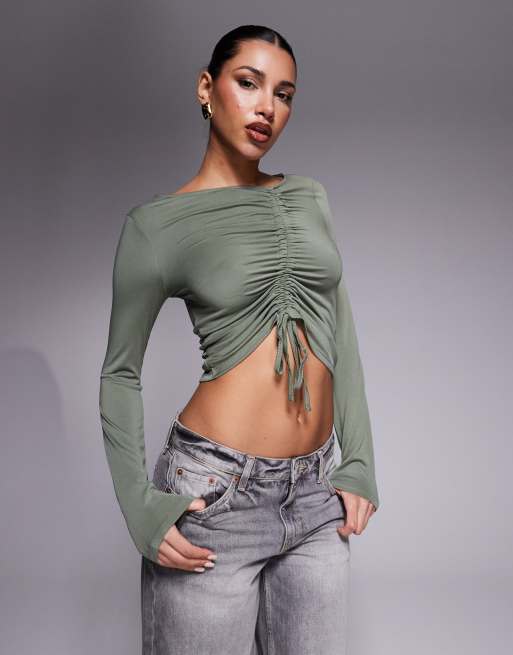 ASOS DESIGN soft handle long sleeve top with front asymmetric ruching in sage
