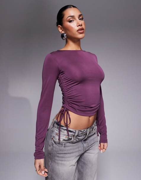 ASOS DESIGN soft handle long sleeve top with ruched sides in burgundy - view 1