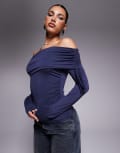 [ASOS DESIGN] ASOS DESIGN soft handle off shoulder ruched long sleeve top in ink-Blue 10 Ink